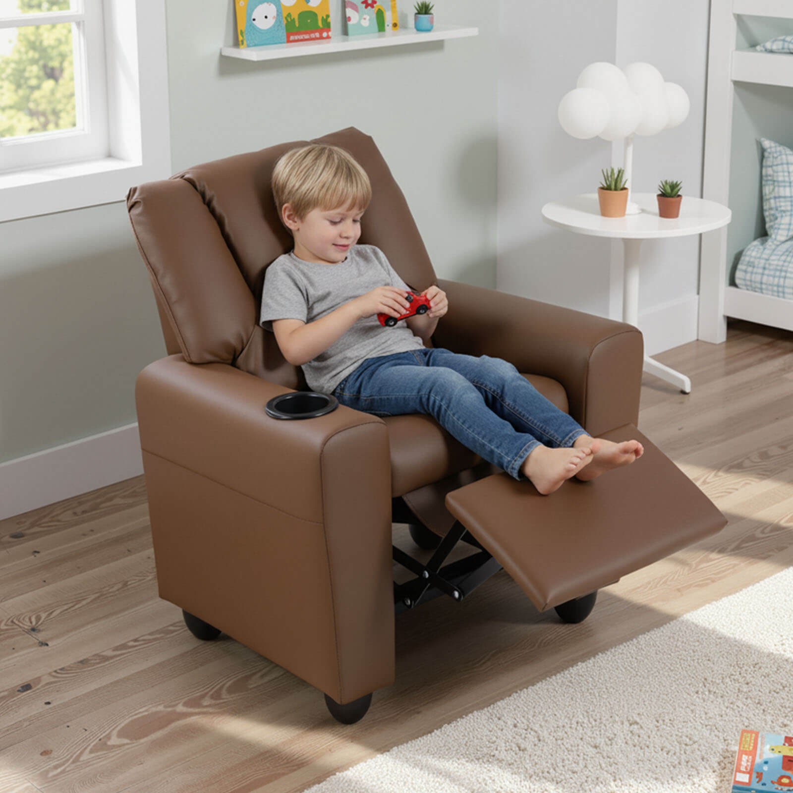 Kids Recliner w/Cup Holder Adjustable Backrest & Footrest for Boys & Girls