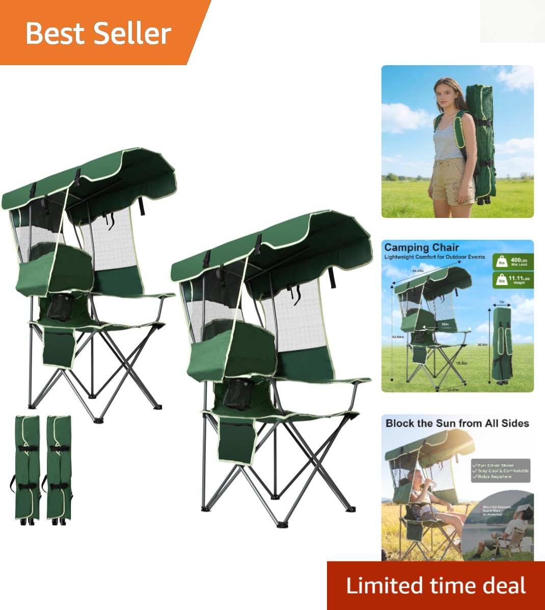 Heavy-Duty Adult Canopy Beach Chairs with Sunshade & Storage - 400 lbs Capacity
