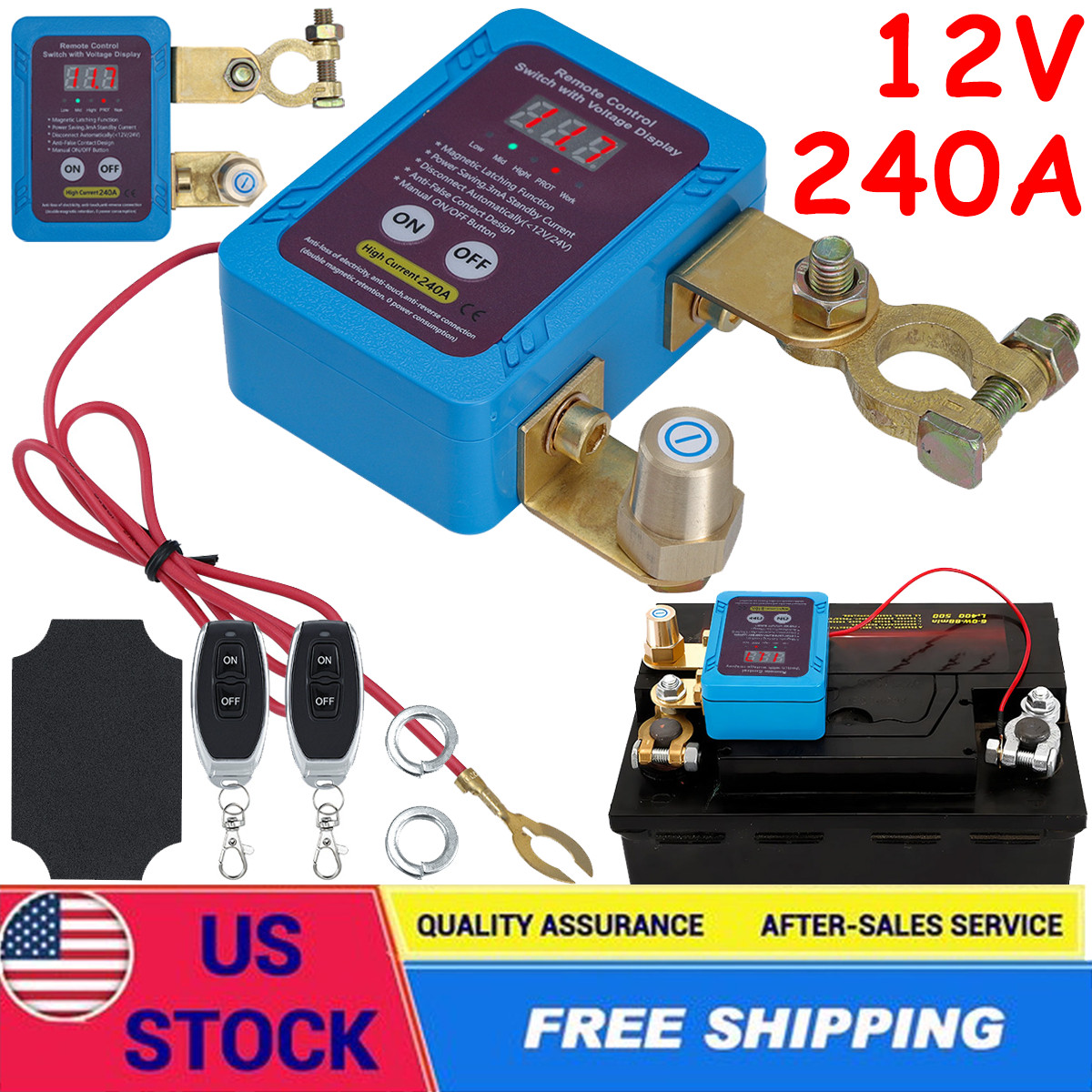 12V 240A Remote Battery Disconnect Switch Car Kill Switch w/LED Voltage Display
