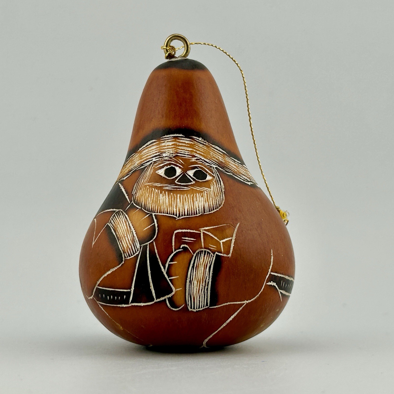 Hand Carved Gourd Santa Ornament Peru Mate Burilado Folk Art Christmas 3" H