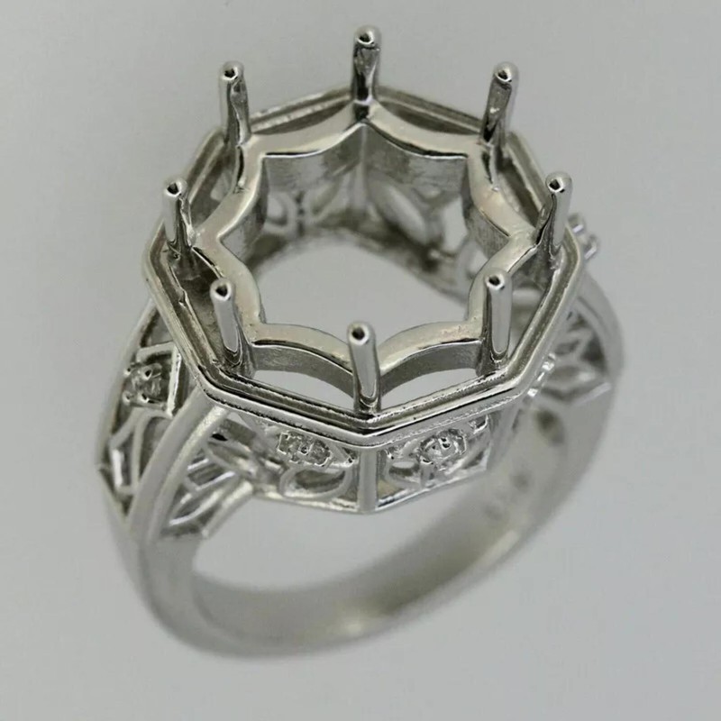 Hexagon Set 15MM Round Shape Semi Mount Ring 925 Sterling Silver Cocktail Ring