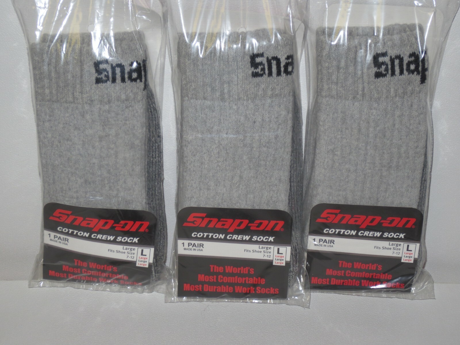 6 PAIRS = SNAP-ON Crew Socks, GRAY ~ LARGE ~ FREE SHIPPING ~ MADE IN USA *NEW*
