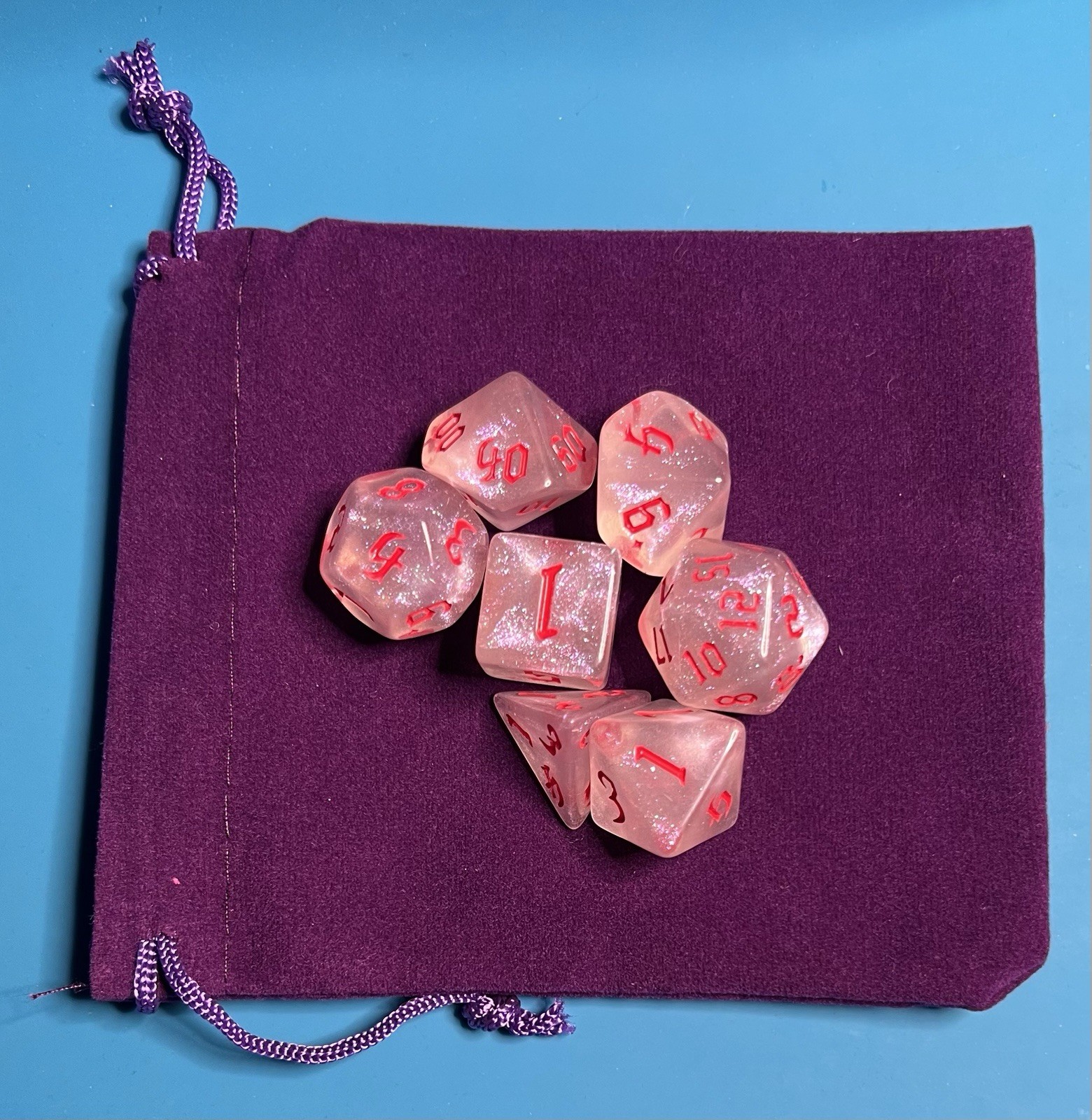 7-Piece Polyhedral RPG Dice Set – Clear Crystal Glitter w/ Red Numbers RPG