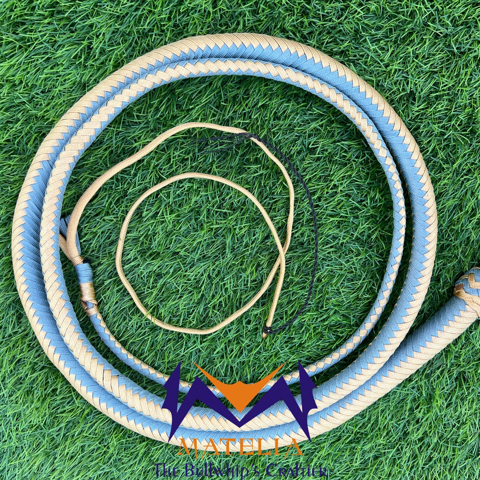 Waxed Nylon Bullwhip, Blue, light Gold: Australian Style, Size 4ft-12ft