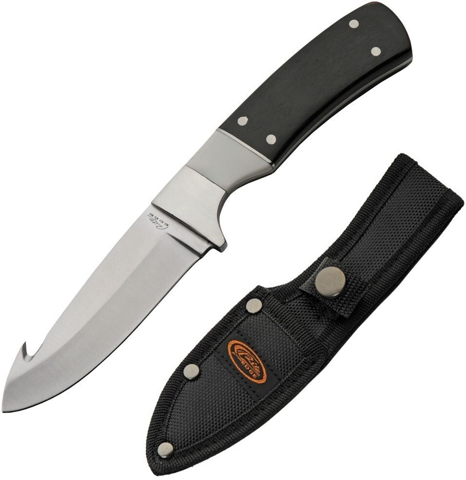 Rite Edge Fixed Knife 4" 3Cr13 Stainless Guthook Blade Black Pakkawood Handle