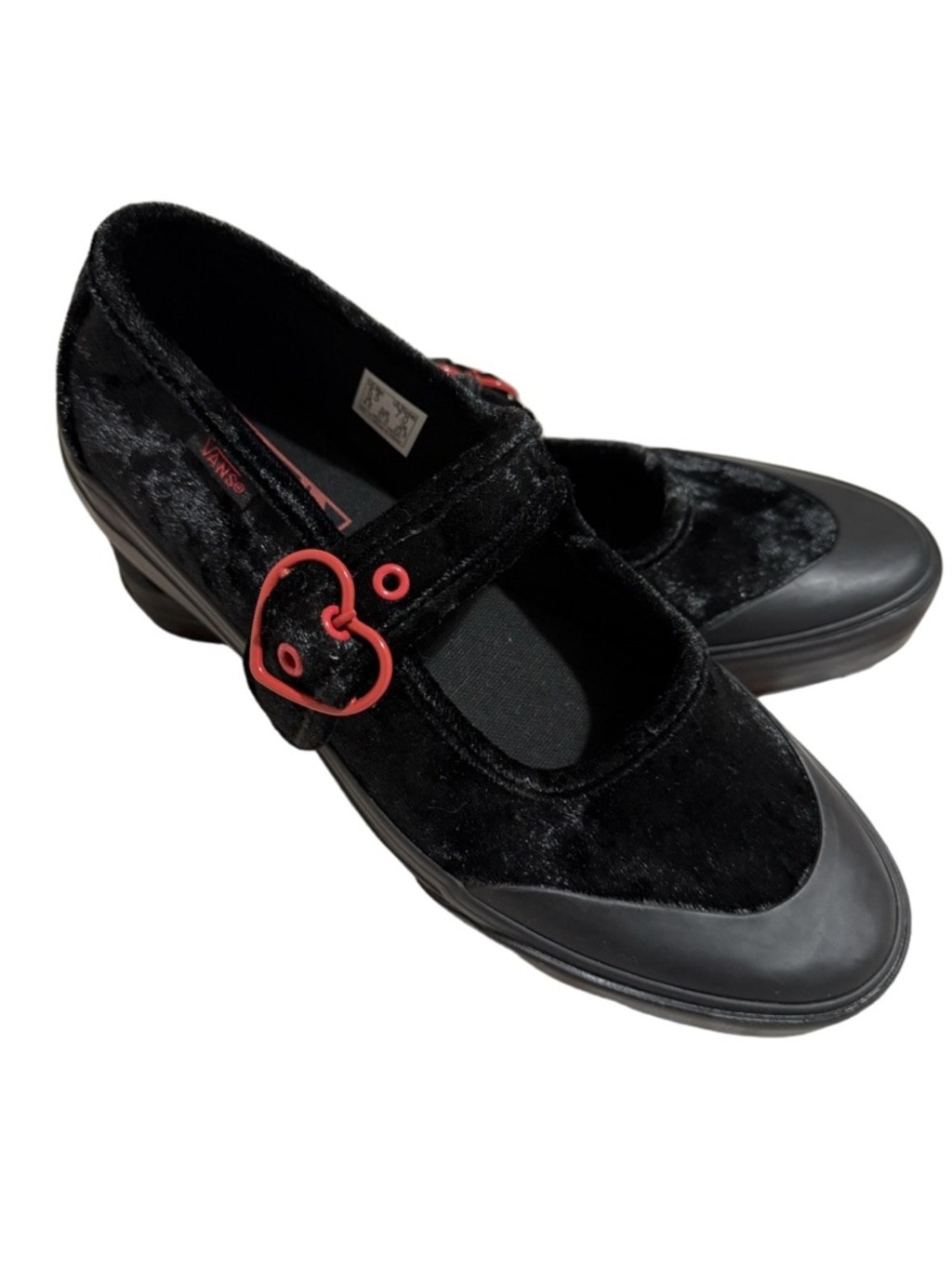 Vans Black Velvet Mary Jane Shoes with Red Heart Buckle
