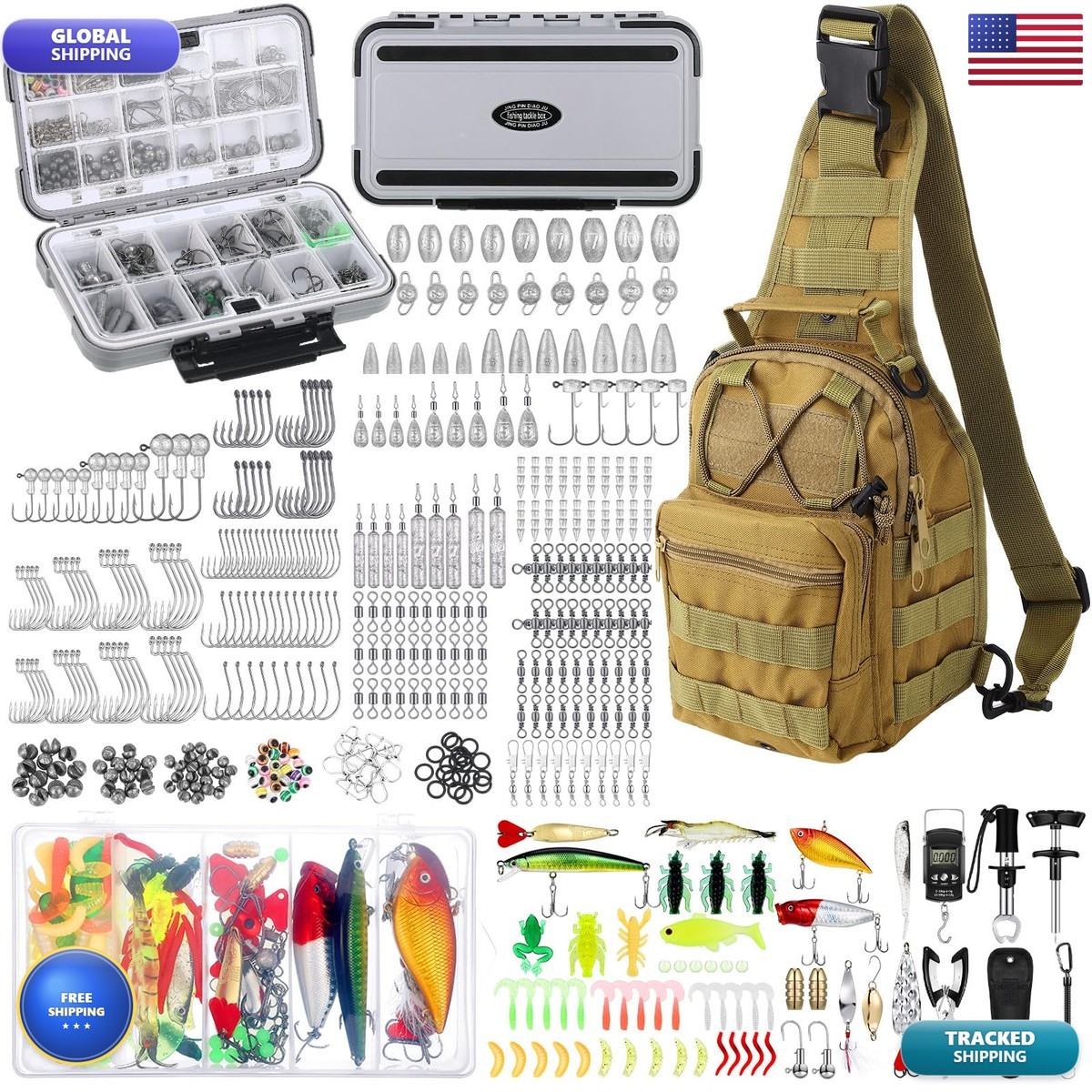 Sosation 482 Pcs Fishing Sling Tackle Bag Set Hook Remover Tool Lures Khaki