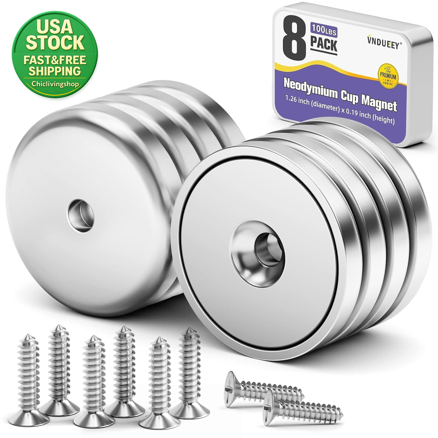 8 Pack Neodymium Cup Magnets 100 Lbs Pull Force 1.26 Inch D round Base