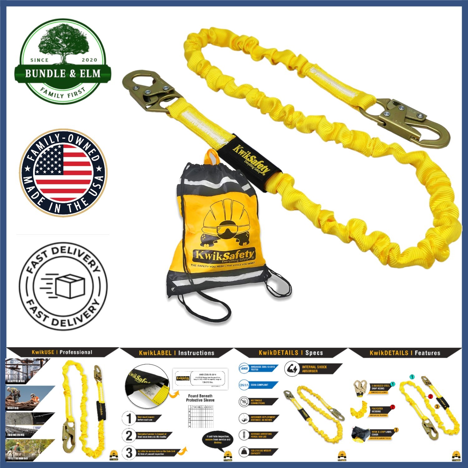 Fall Arrest Safety Lanyard with 5000 lbs Tensile Strength and 48-Inch Deployment