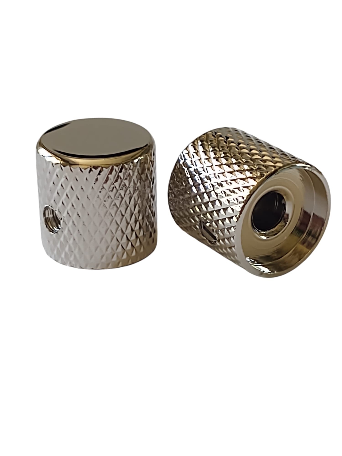 Set of 2 US Spec Flat Top Barrel Set Screw Knobs for Tele or P Bass - Chrome