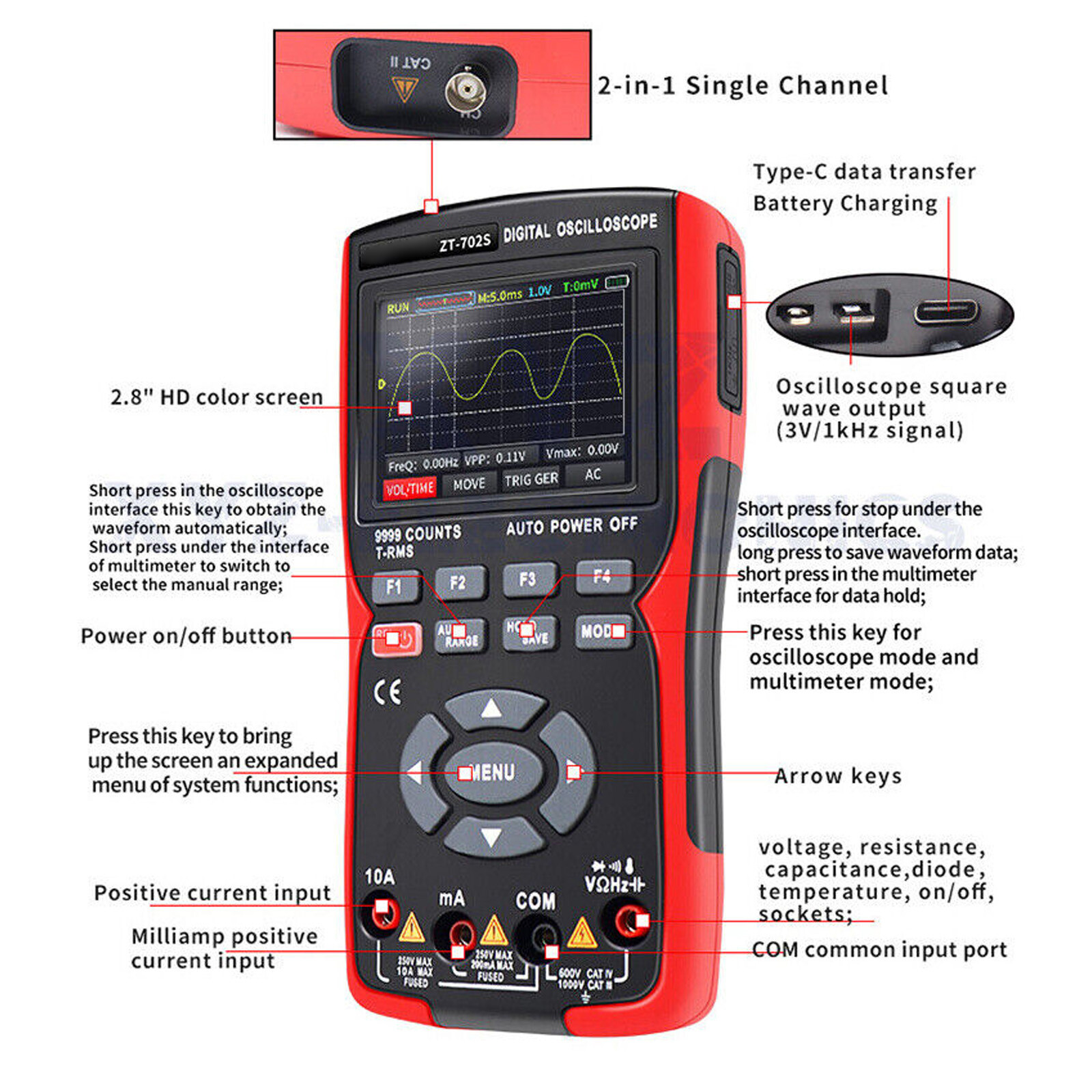 ZT-702S Digital Oscilloscope Multimeter AC/ DC Voltmeter Ammeter Ohmmeter Tools