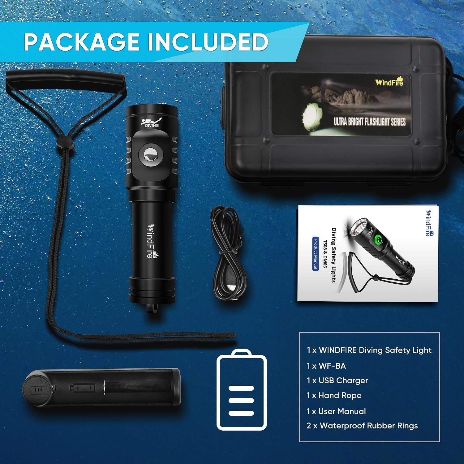 Scuba Diving Flashlight Rechargeable Waterproof Dive Torch 3 Modes