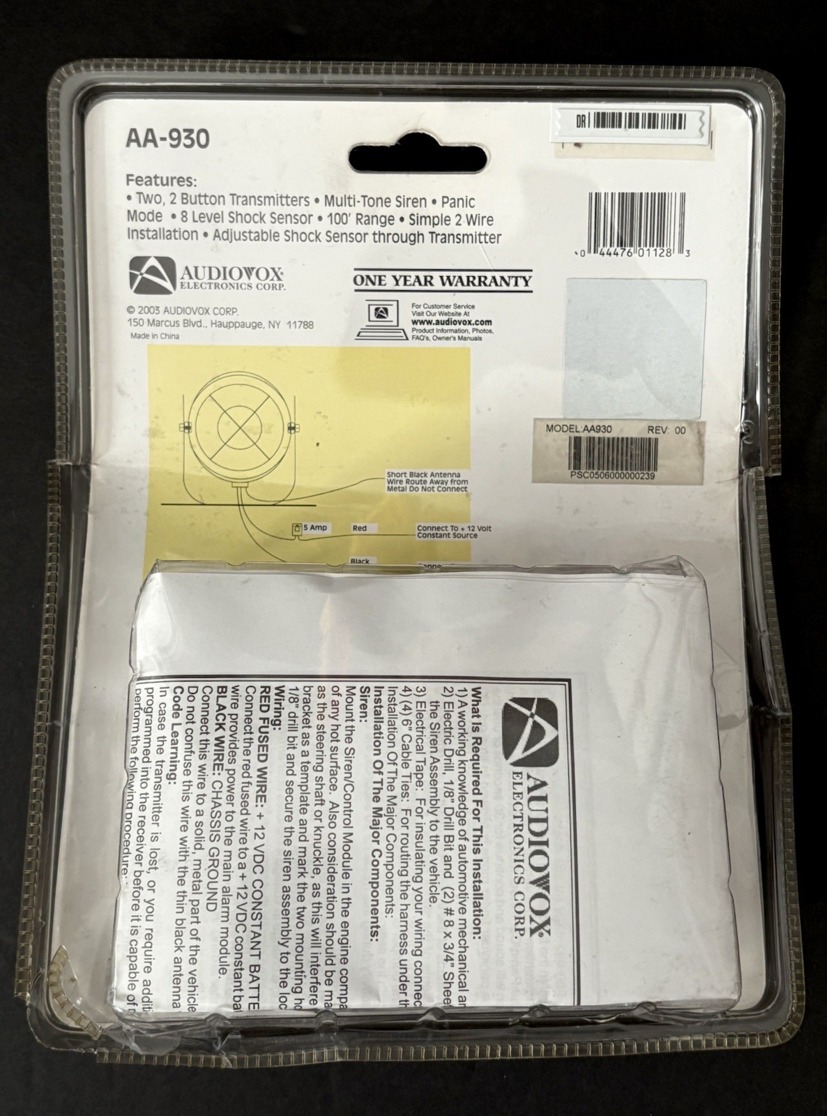 Audiovox Remote Security System Simple 2 Wire Installation 100-Ft Range AA930