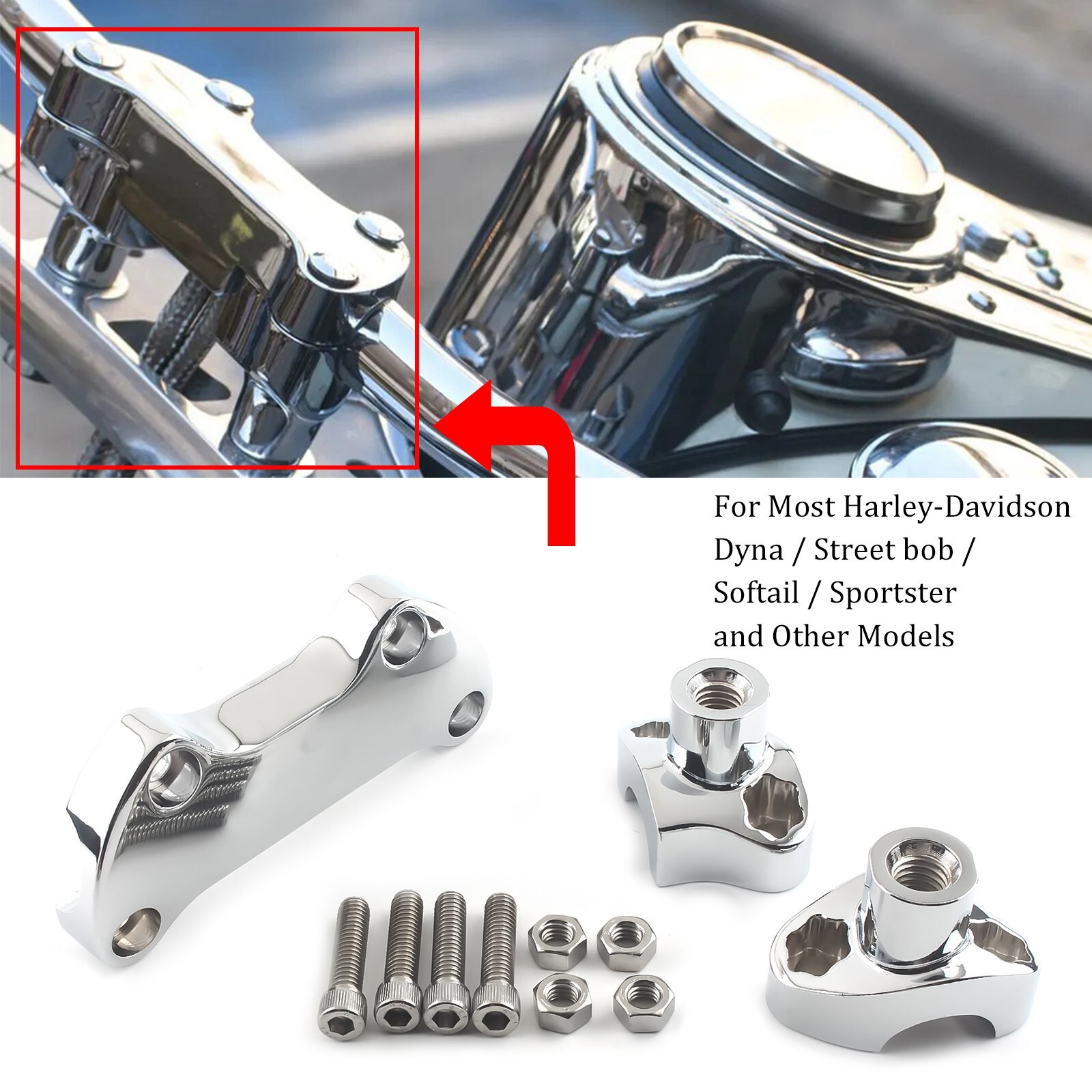 CNC 1.7" Handlebar Risers w/Top Clamp Chrome For Harley Dyna Heritage Softail