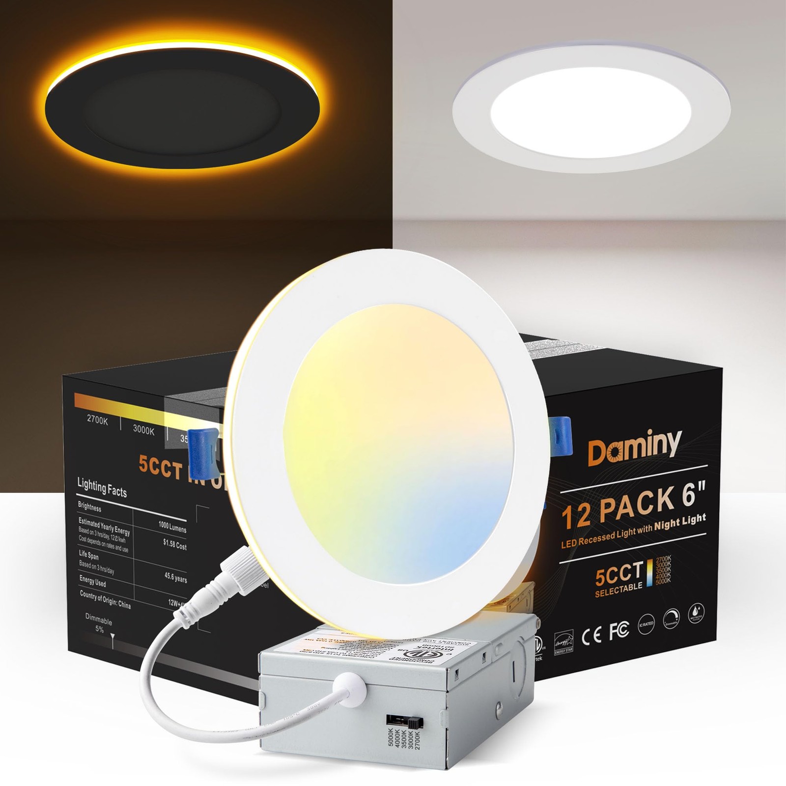 DAMINY 12 Pack 6 Inch 5CCT LED Recessed Light with Night 6 Inch,