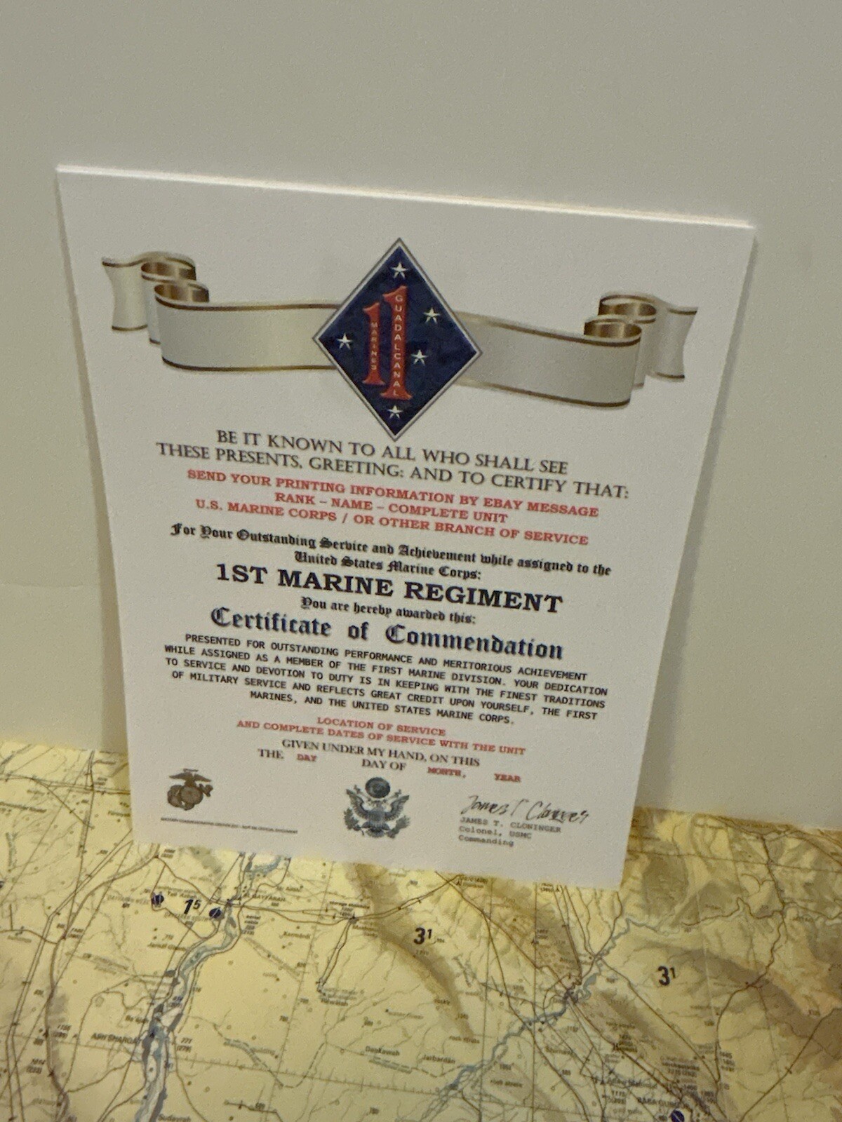 U.S. MARINE CORPS / 1ST MARINE REGIMENT (1 MARDIV) - CERTIFICATE OF COMMENDATION