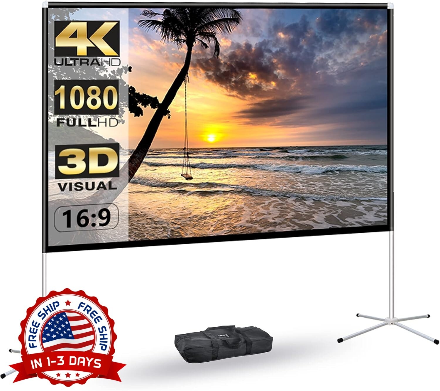 Pantalla De Proyector Con Soporte 80 Pulgadas 16:9 4K HD Portatil Casa Nuevo US