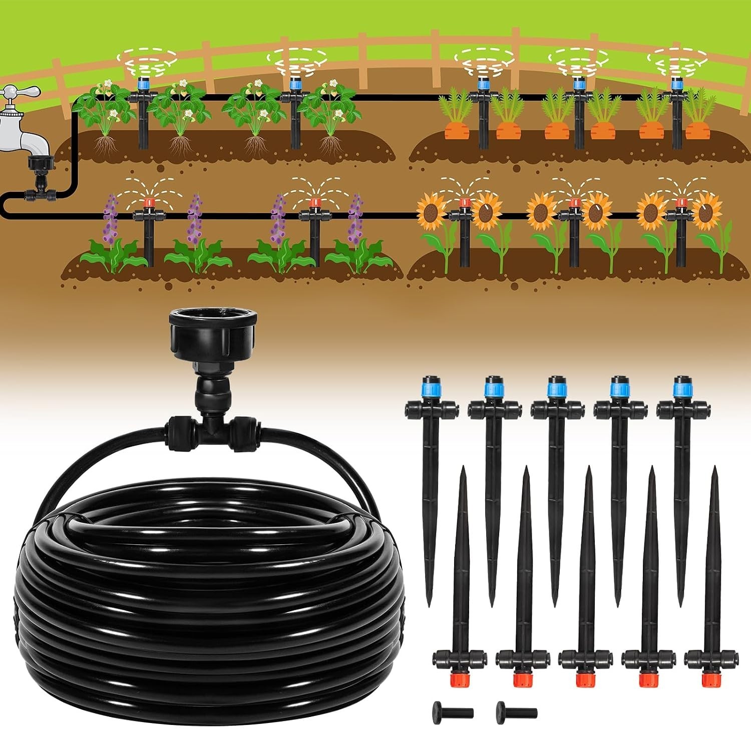 55FT Quick-Connect Drip Irrigation Kit, Garden Watering System DIY Automatic ...