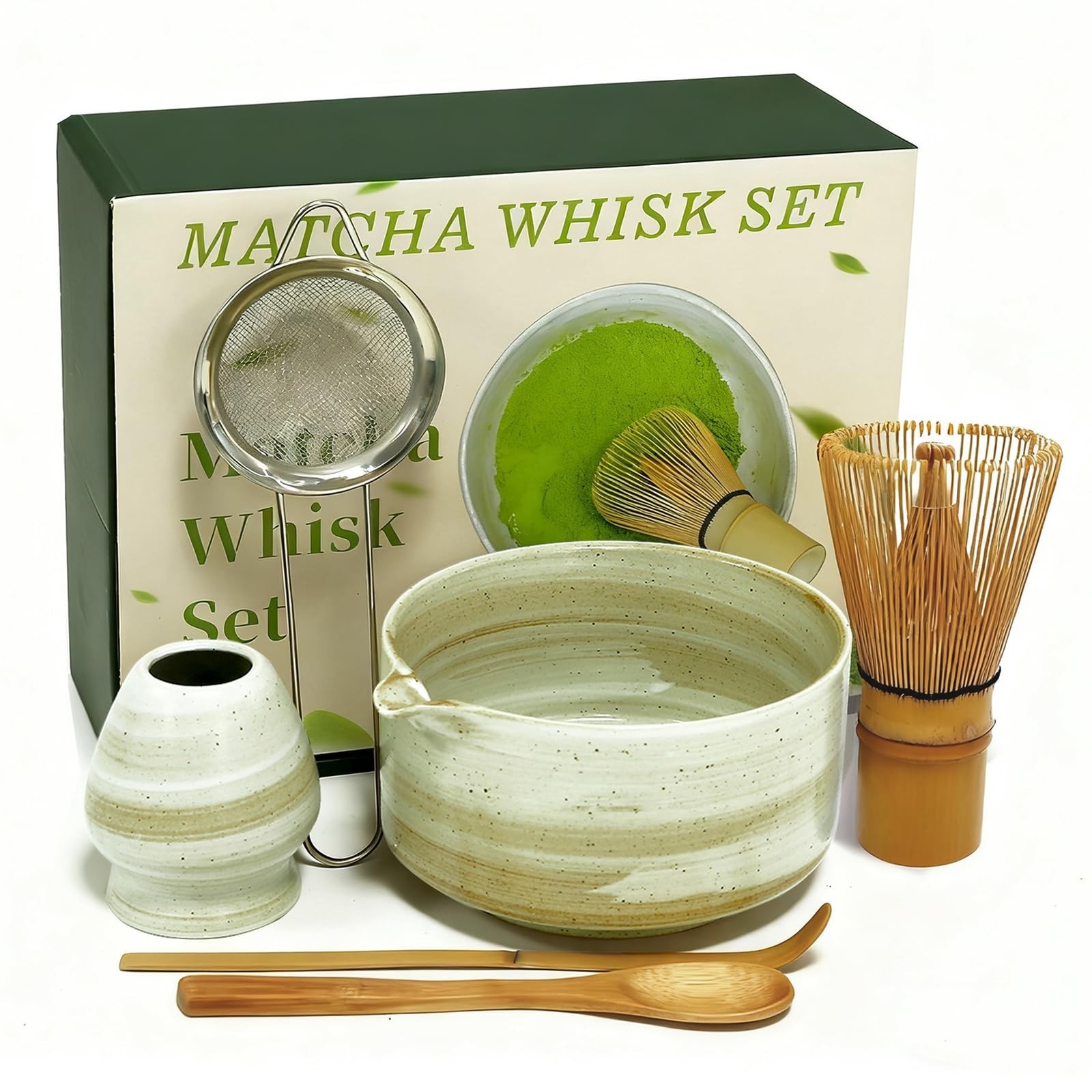 Matcha Whisk Set, Matcha Set, 6 Pieces, with Bamboo Whisk, Ceramic Bowl & Sif...
