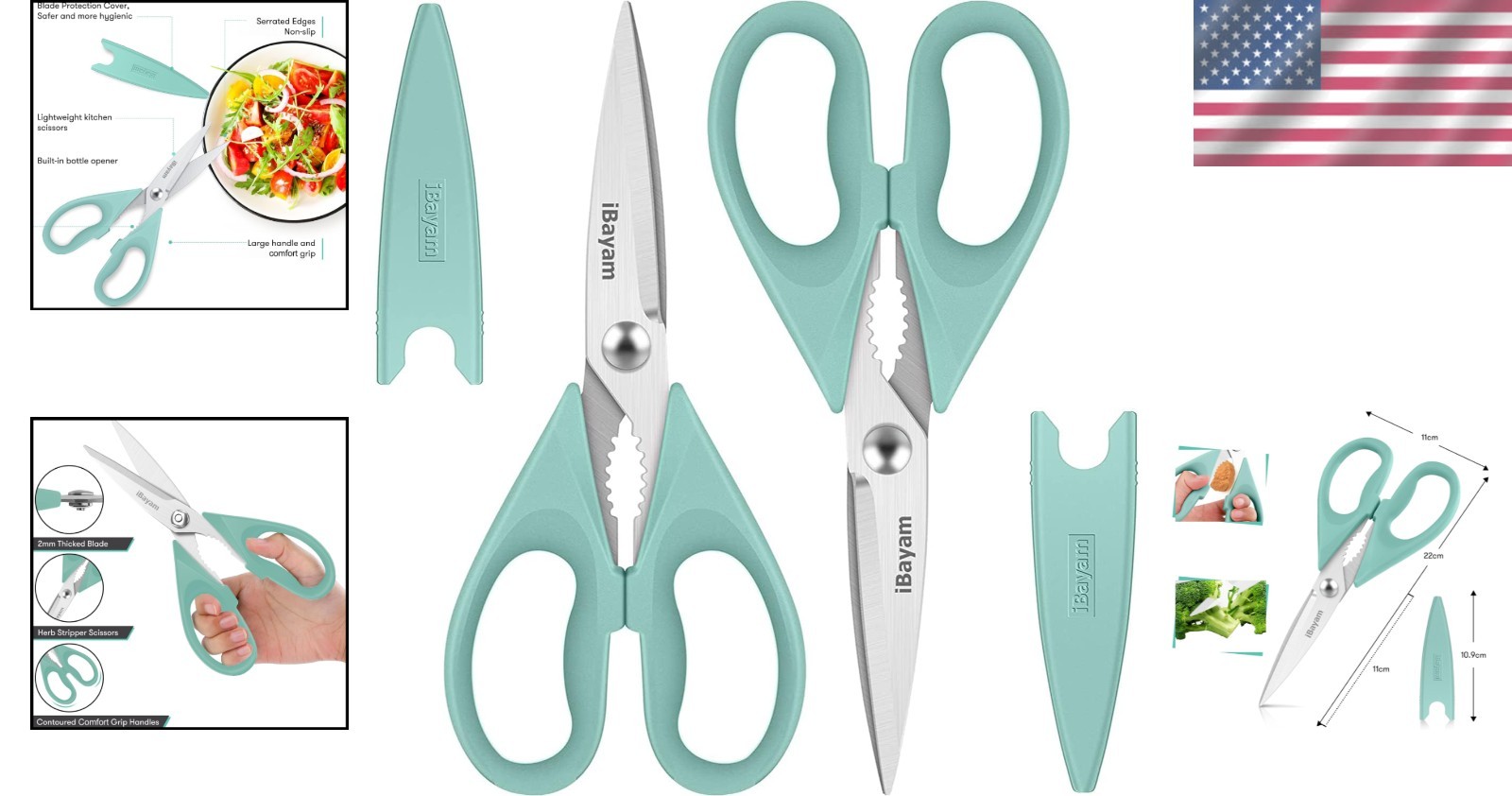 Versatile Kitchen Shears Set - Stainless Steel Utility Scissors, Aqua Sky 2-Pack