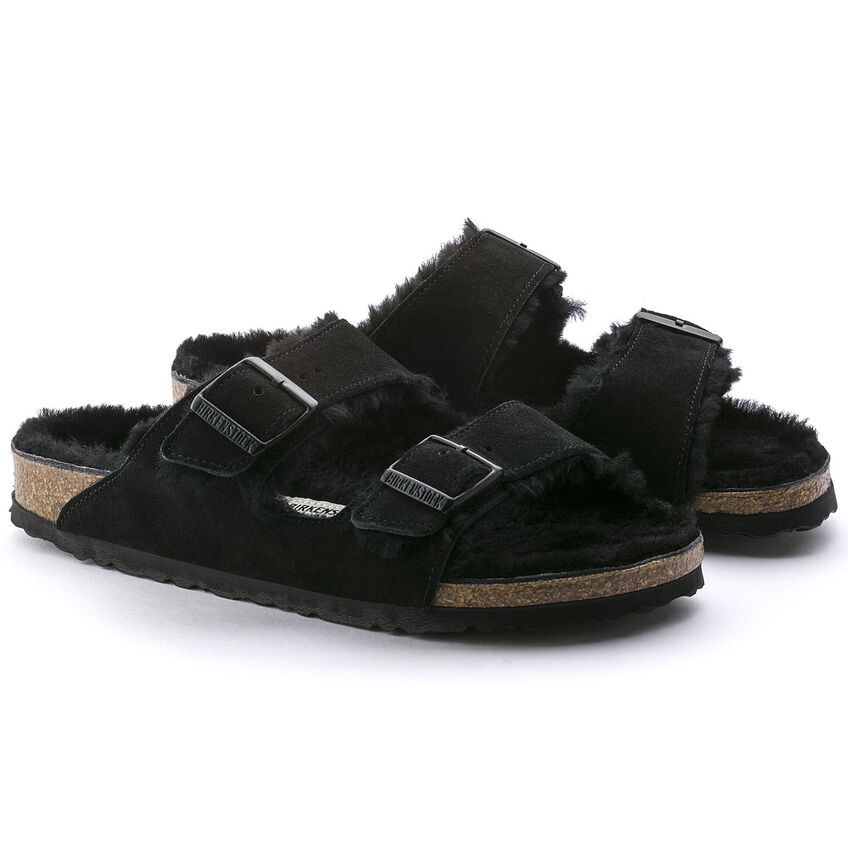 Birkenstock Unisex Arizona Shearling Suede Leather Sandals Narrow 0752663- Black