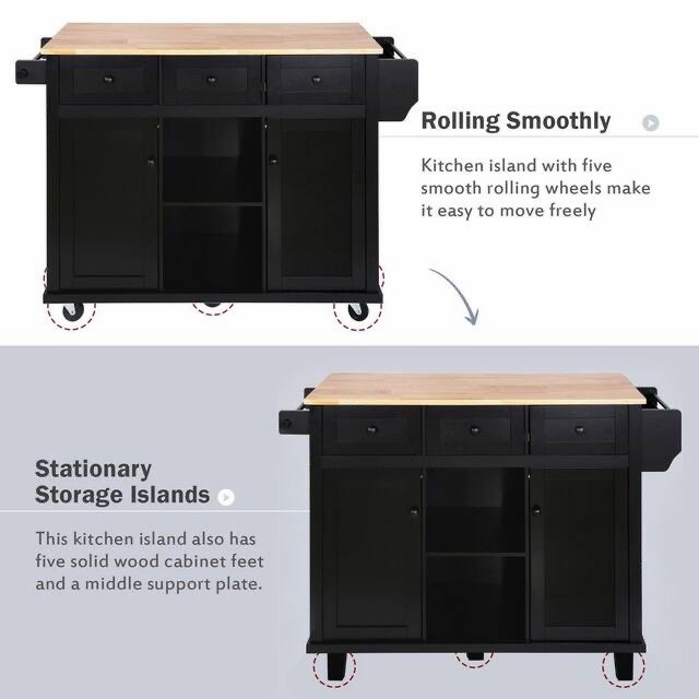 Kitchen Island Cart with Rubberwood Flip Top & Storage