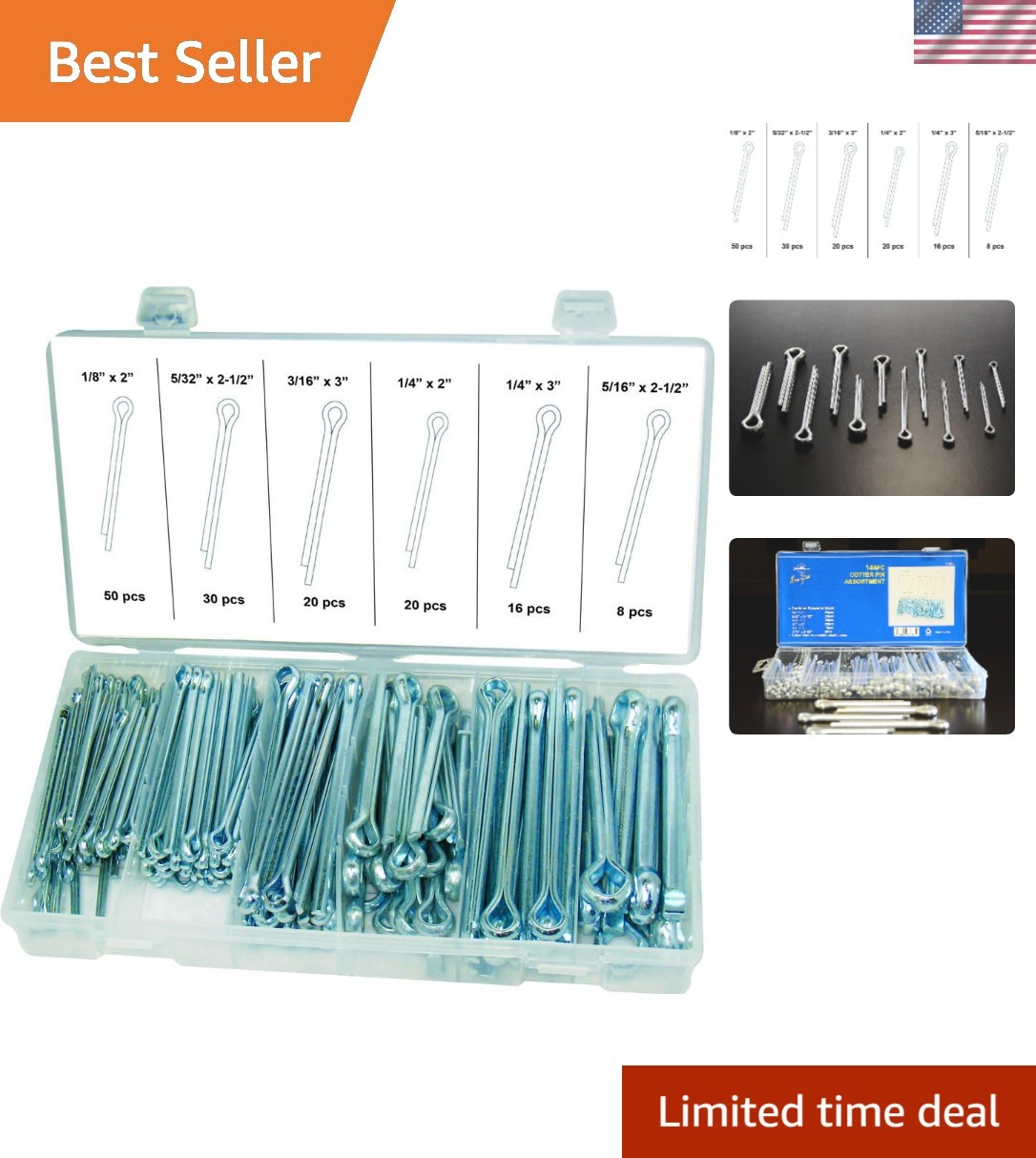 144-Piece Cotter Pin Set in Spring Steel - Zinc Plated for Ultimate Durability