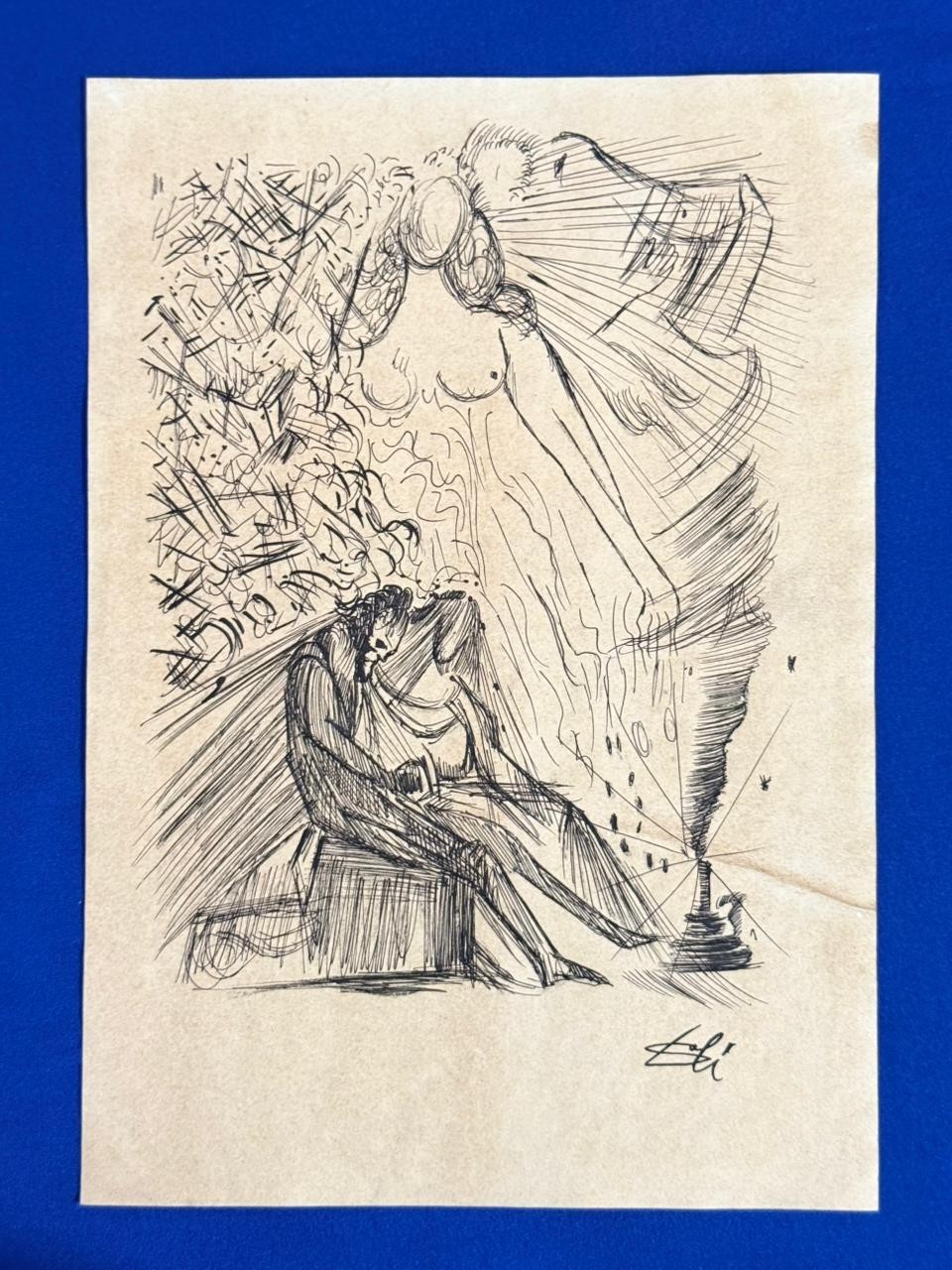 Salvador Dali (Handmade) Drawing on antique paper Signed and Sealed.