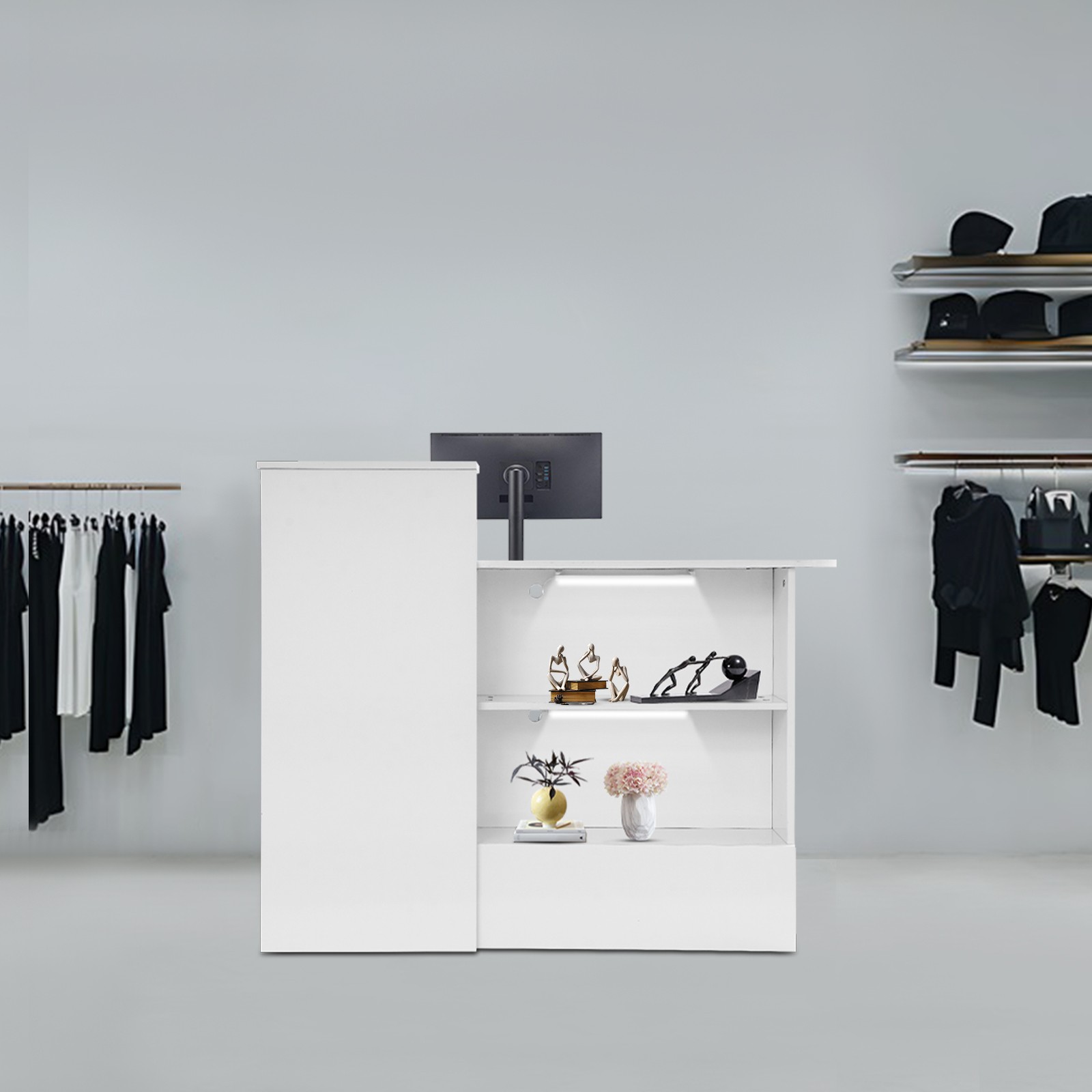 Modern Reception Desk, Transaction Counter Front Table w/Lockable Drawer & Light