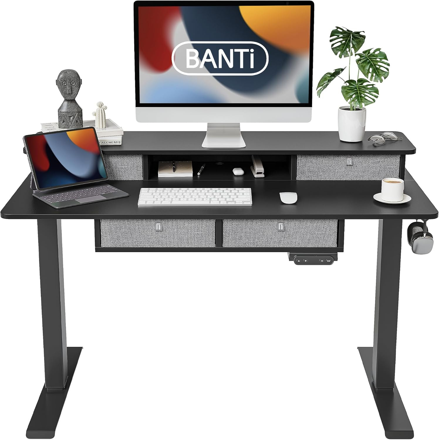 Adjustable Electric Standing Desk with 4 Drawers & Storage Shelf, Black 48" x 24