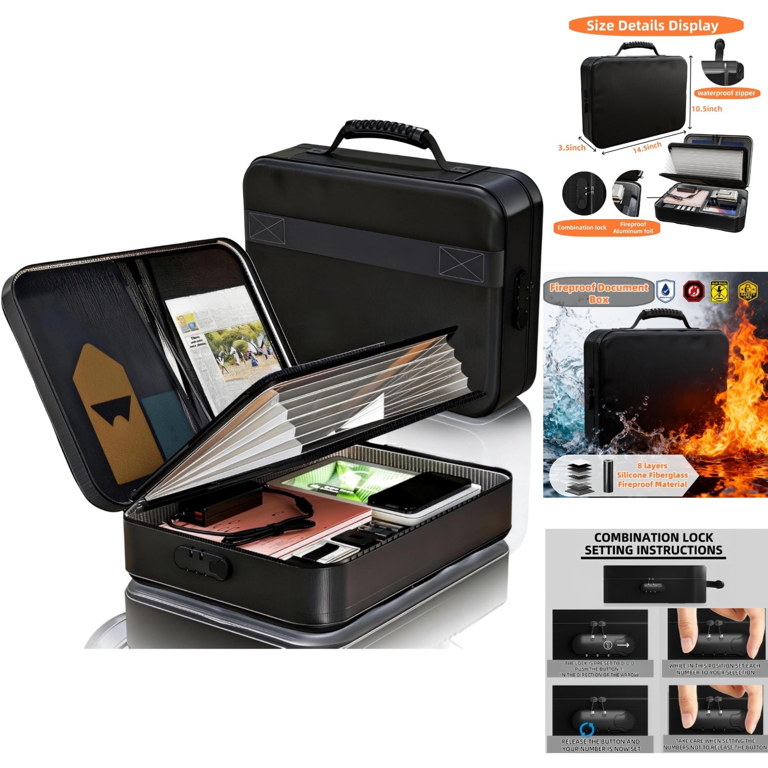 Fireproof Document Box with Lock Waterproof File Organizer Bag for Certificates