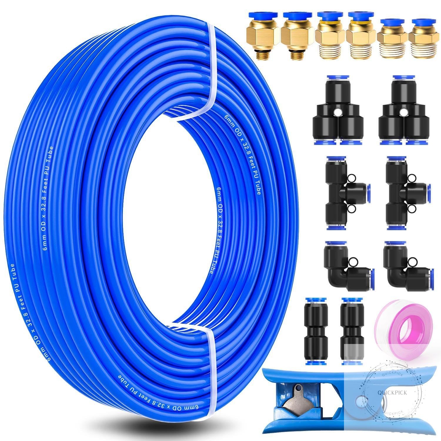 6mm Air Line Tubing Kit,6mm Air Hose Kit,6 mm x 32.8 Feet(10 Meter) PU Tube Push