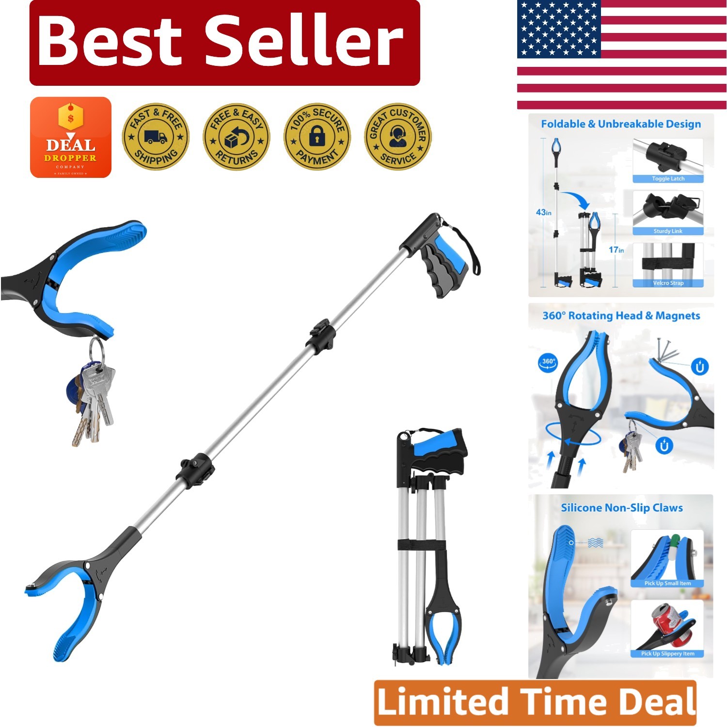 Extra Long 43" Trash Picker Upper - Foldable Grabber with 360° Jaw & Two Magnets