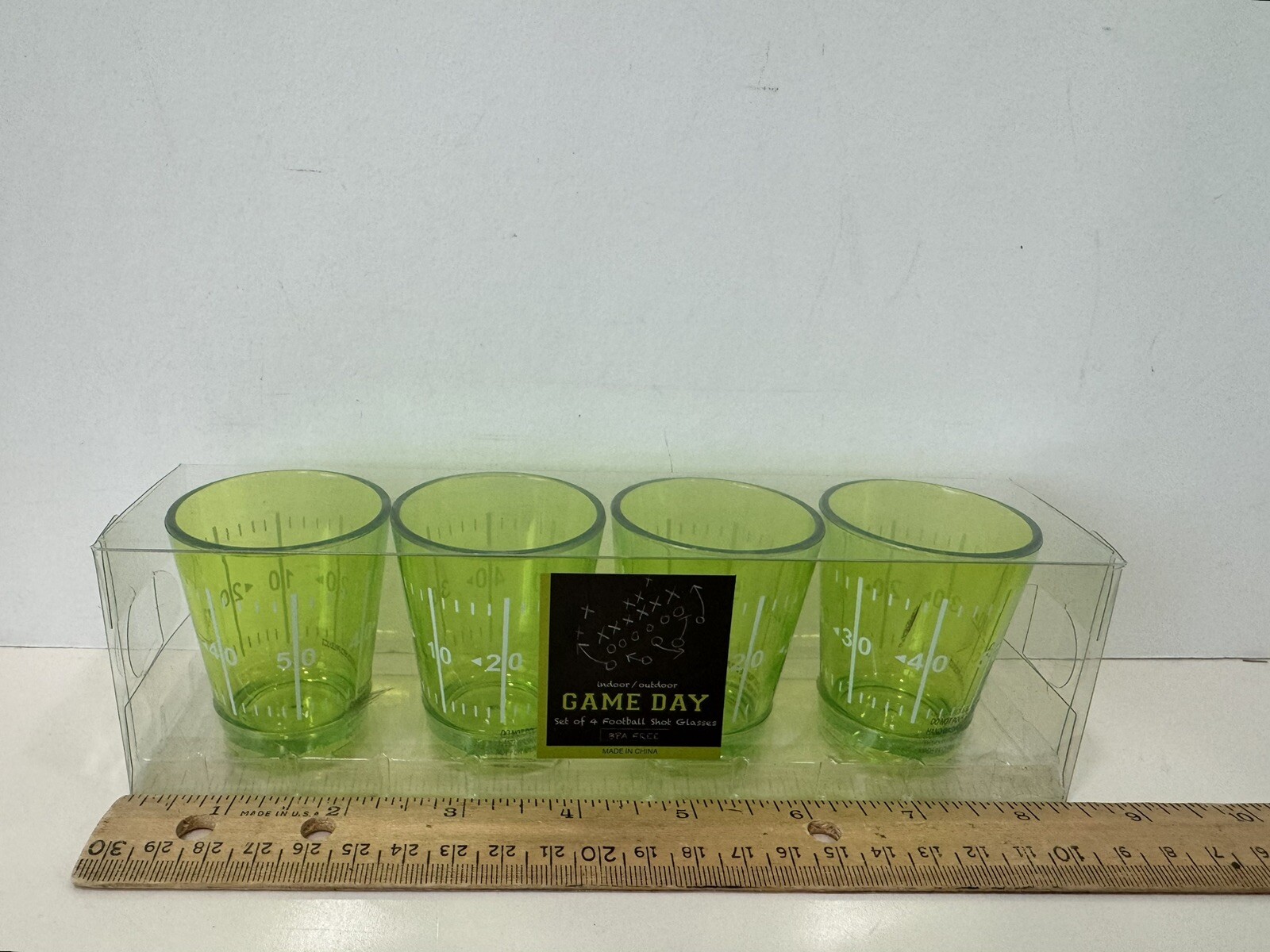 Set Of Four Green Game Day Football Yard Lines  Shot Glasses Plastic