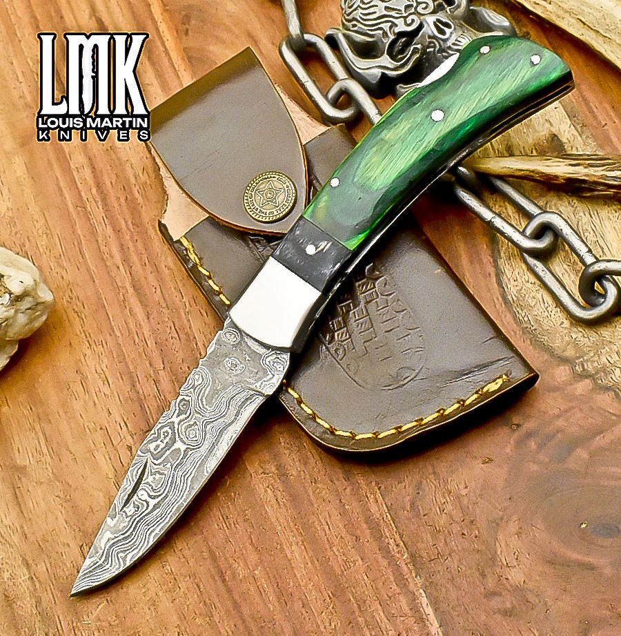 LMK Handmade Rain Drop Damascus Folding Knife Hard Wood Back Lock Outdoor