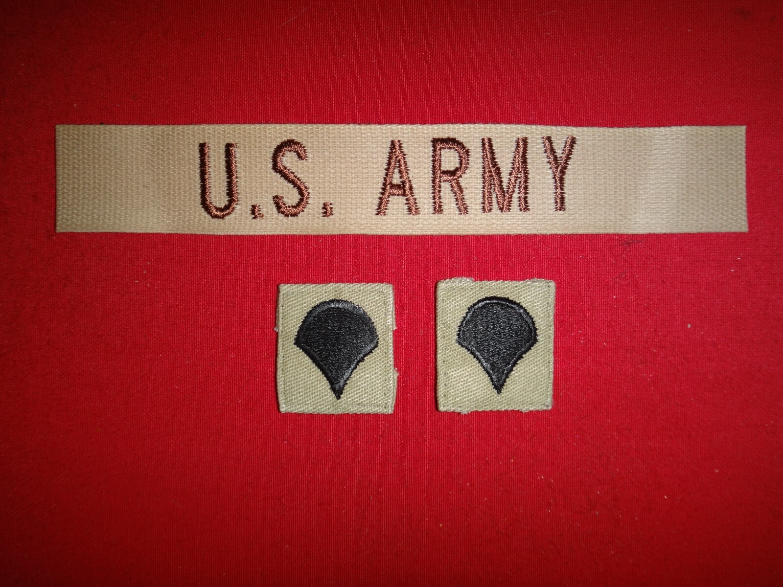 3 US Army Desert Tan Patches: US ARMY Pocket Tape + Pair PRIVATE 1st Class Rank