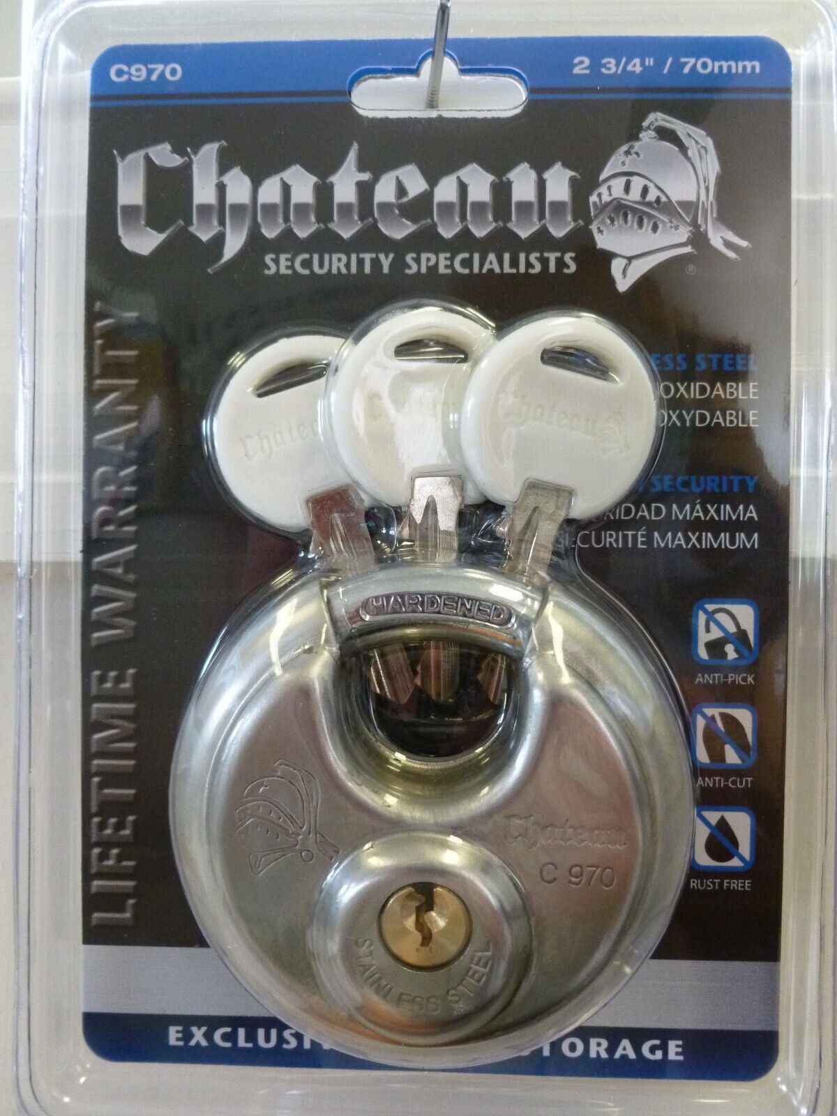 Chateau Padlock Stainless Steel Heavy Duty  3 Keys Round Disc Lock Chateau C-970