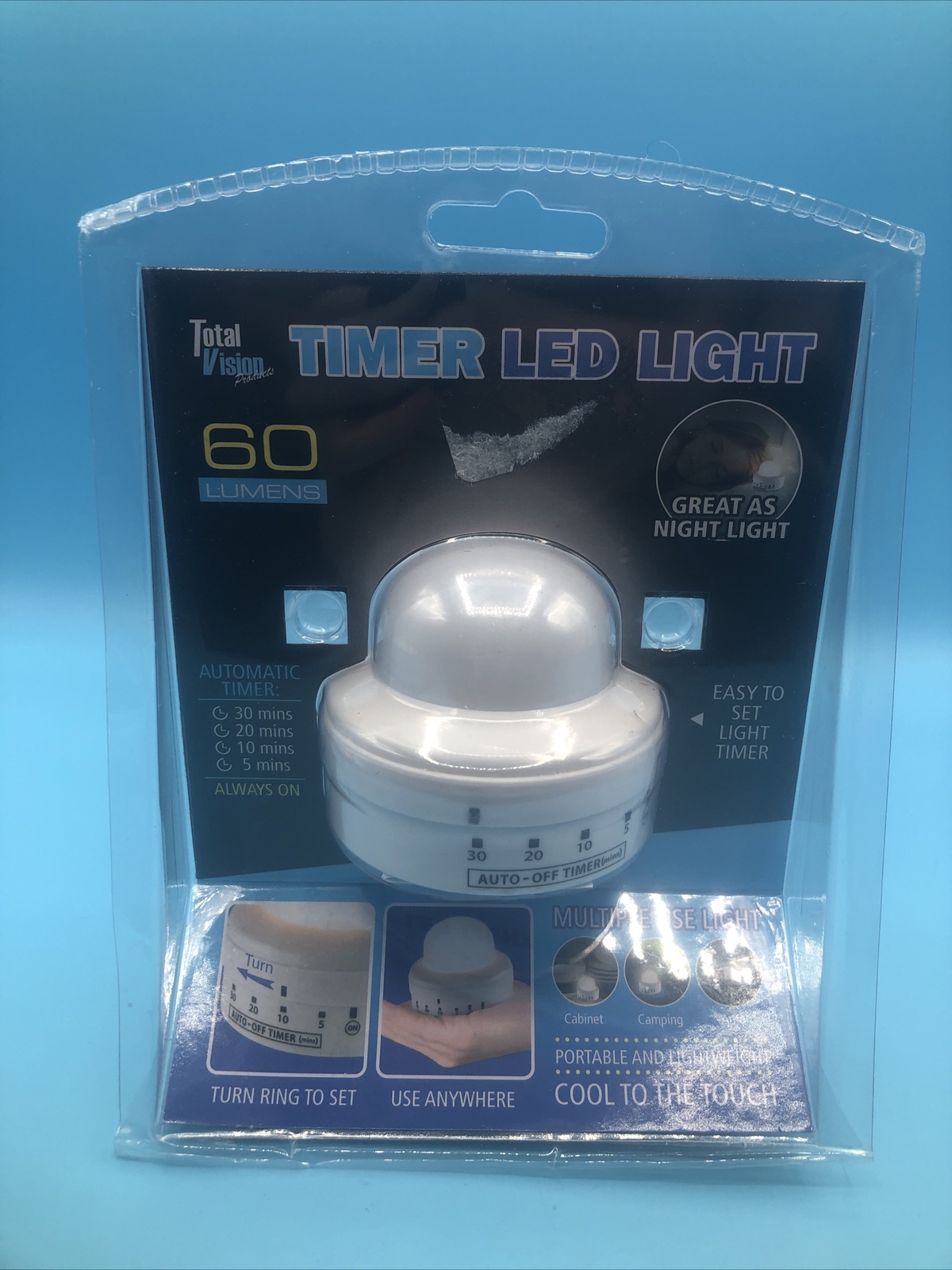 Total Vision Timer LED Light 60 Lumens Automatic Timer Night Light Camping Auto