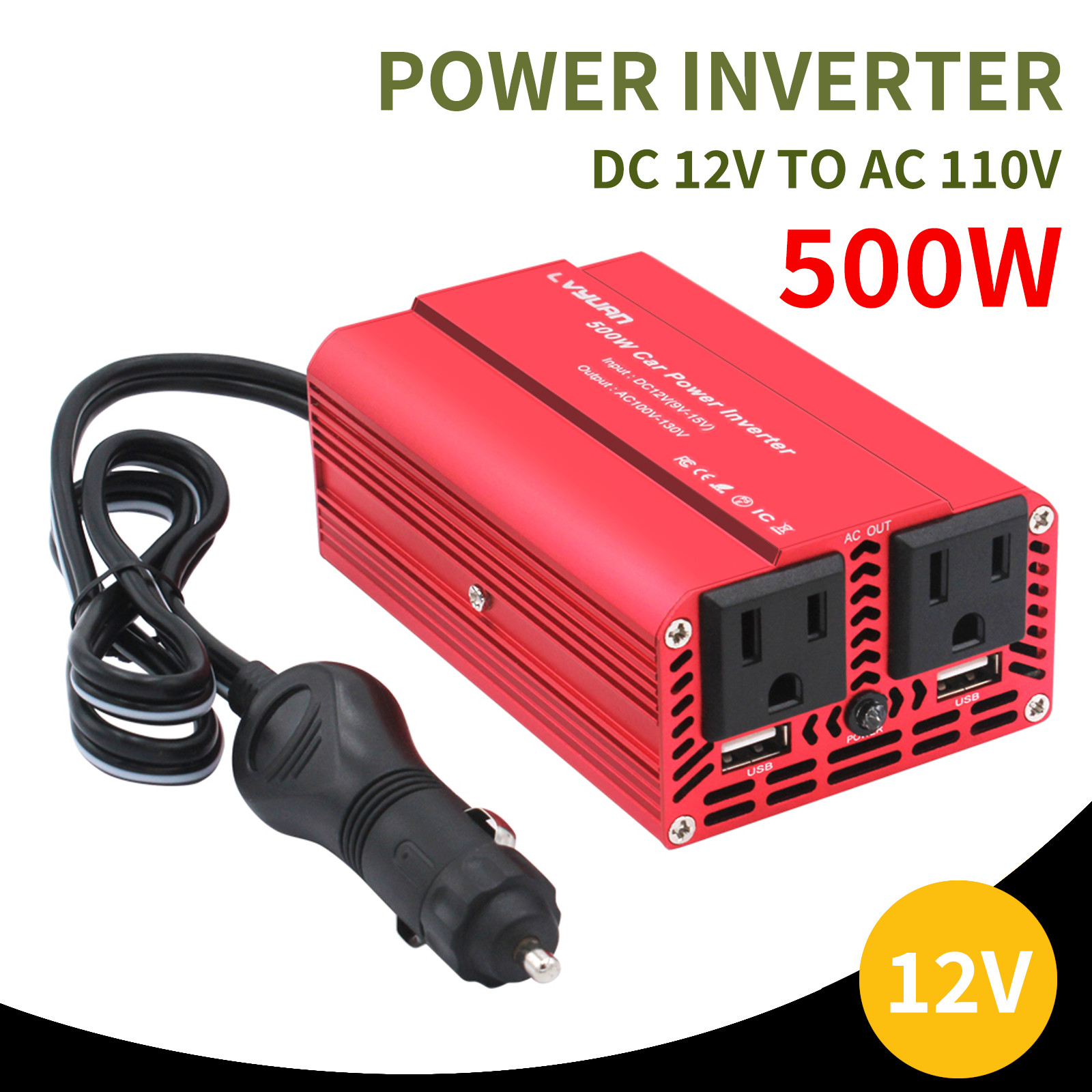 500W Power Inverter DC 12V to AC 110V Car Inverter with 2 AC Outlets & 2USB Port
