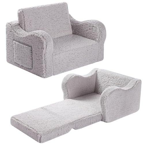 Kids Sofa, 2-in-1 Flip-Out Foam Couch with Soft Sherpa Cover, Cozy Medium Grey