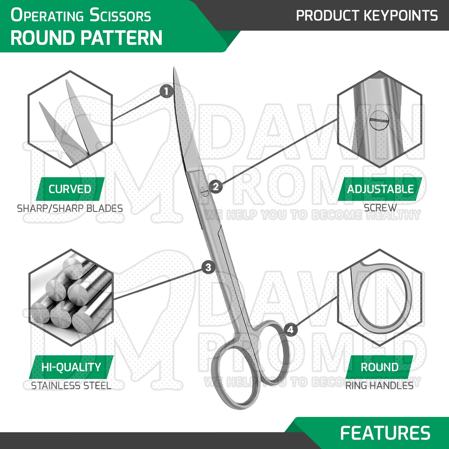 6 Pcs Operating Scissors 6.5" Straight & Curved Round Pattern Set German Grade