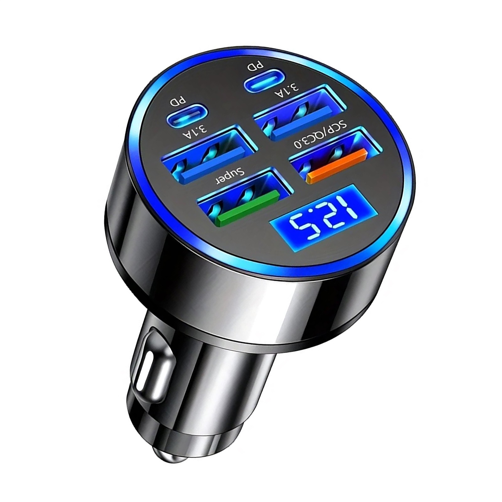 6-in-1 Multi-Port Car Charger 12-24V Input Fast Charging with Voltage Display