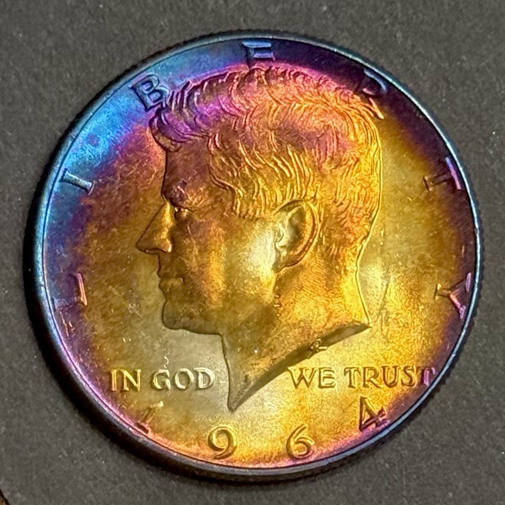 Kennedy Half Dollar 1964 About Uncirculated 90% Silver Monster Rainbow Toning
