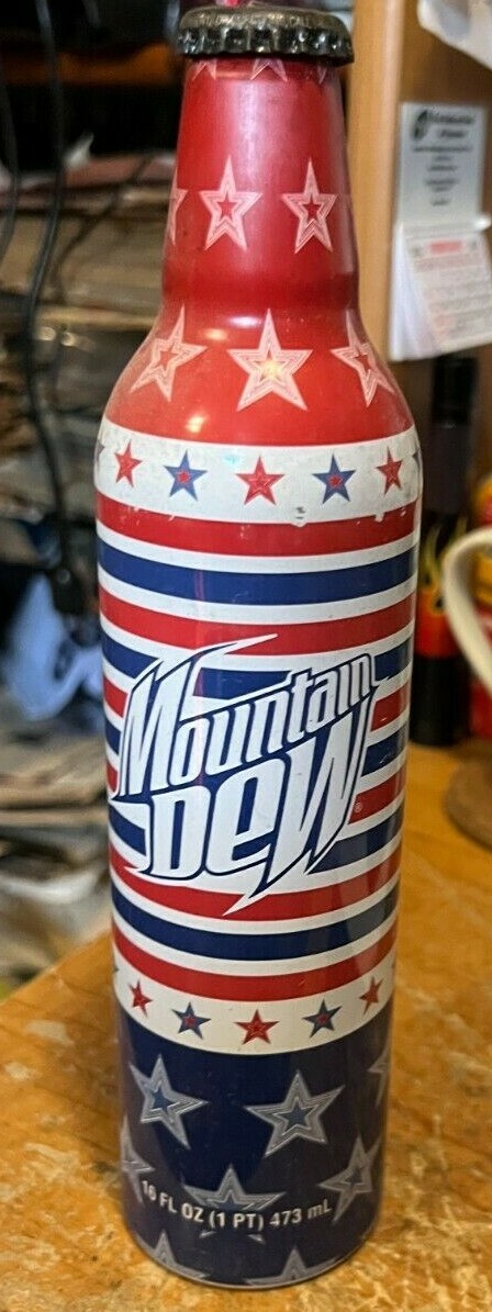 STARS & STRIPES---RED WHITE & BLUE-------ALUMINUM-----MOUNTAIN DEW BOTTLE---FULL