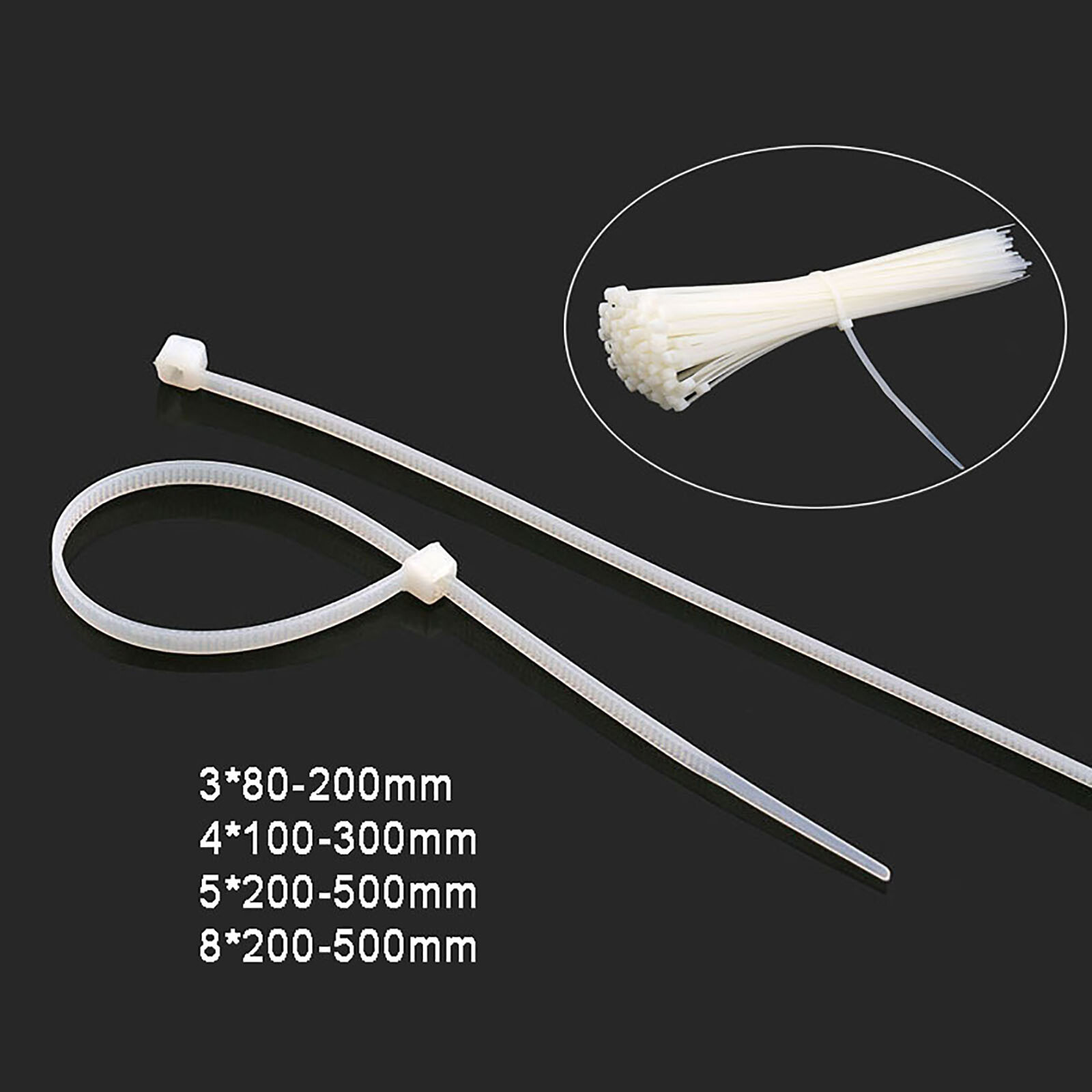 Cable Ties White Nylon Zip Tie Wraps Strong Long - All Sizes 3*80mm to 8*500mm