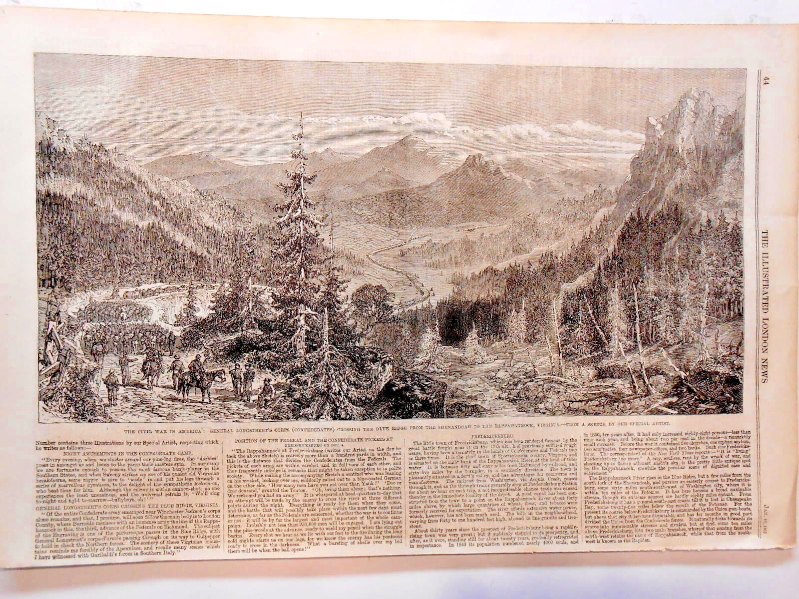 Newspaper Page-Civil War Longstreet Crossing Blue Ridge Engraving Drawing-1863
