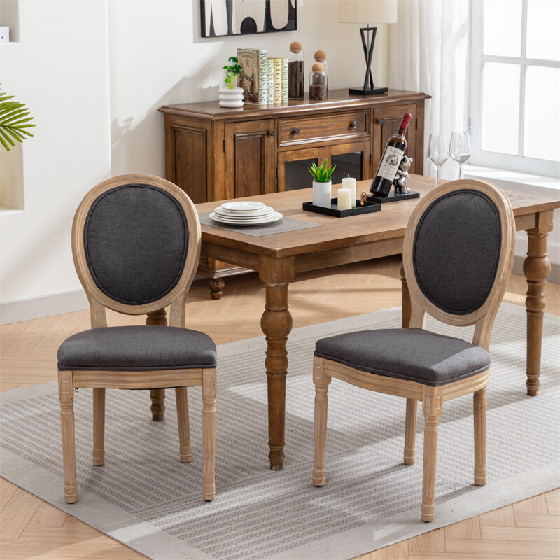 2pcs French Style Solid Wood Antique Painting Linen Fabric Back Dining Chairs