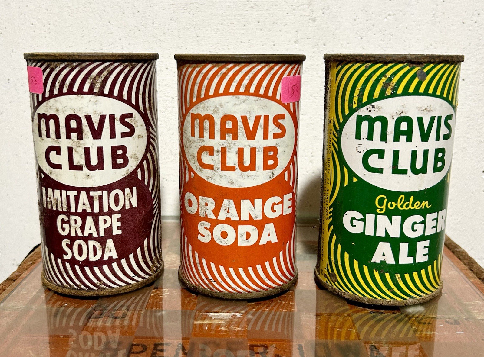 Mavis Club Vintage Soda Can Trio. All Three Cans Are Ding And Dent Free.