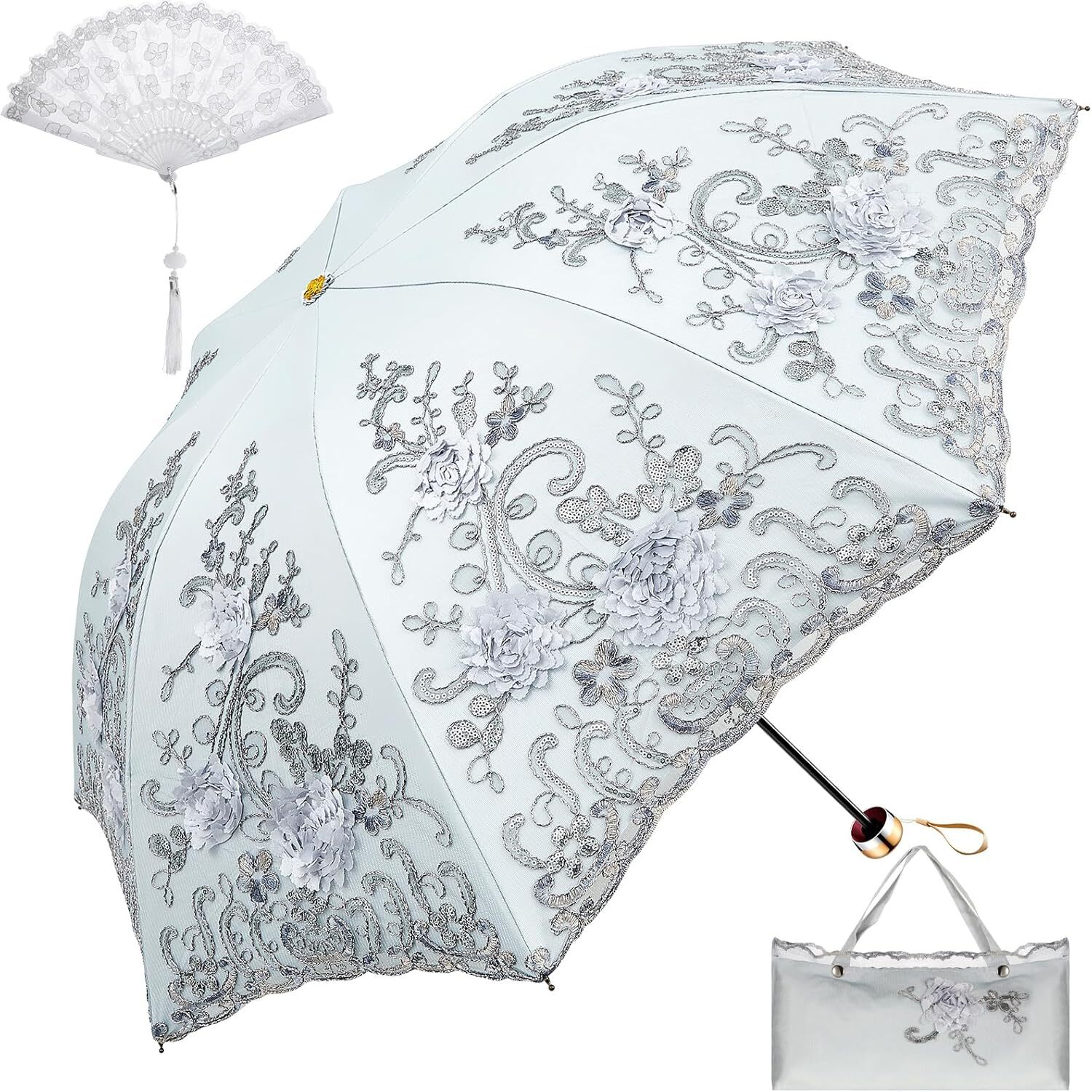 Floral Lace UV Sun Parasol with Handheld Fan Vintage Flower Gray