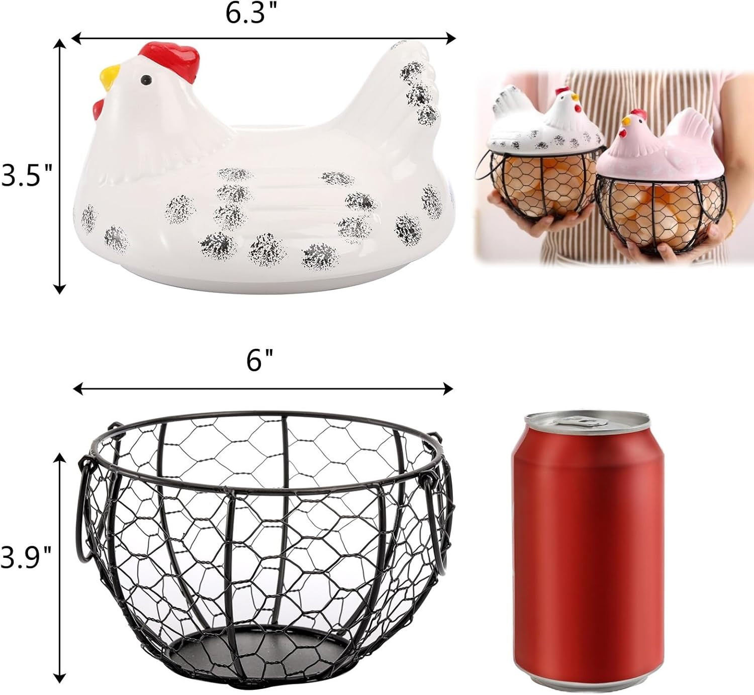 Chicken Egg Basket, Black Wire Egg Collection Baskes with Ceramic Lid for Gat...